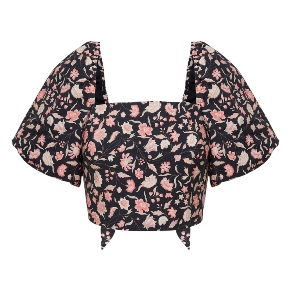 Aritzia Little Moon Floral Puff Sleeve Lucia Top - Black and Pink Sz L
